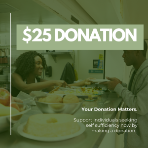 $25 donation with image of woman passing out food at a shelter