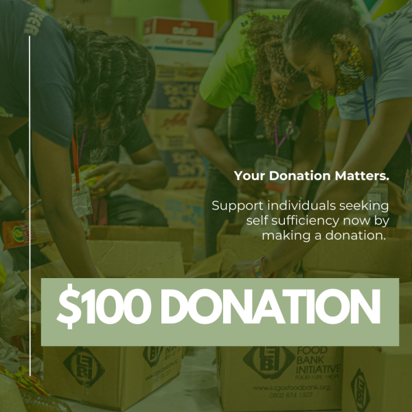 $100 donation image with people filing up food boxes for the homeless in the background.